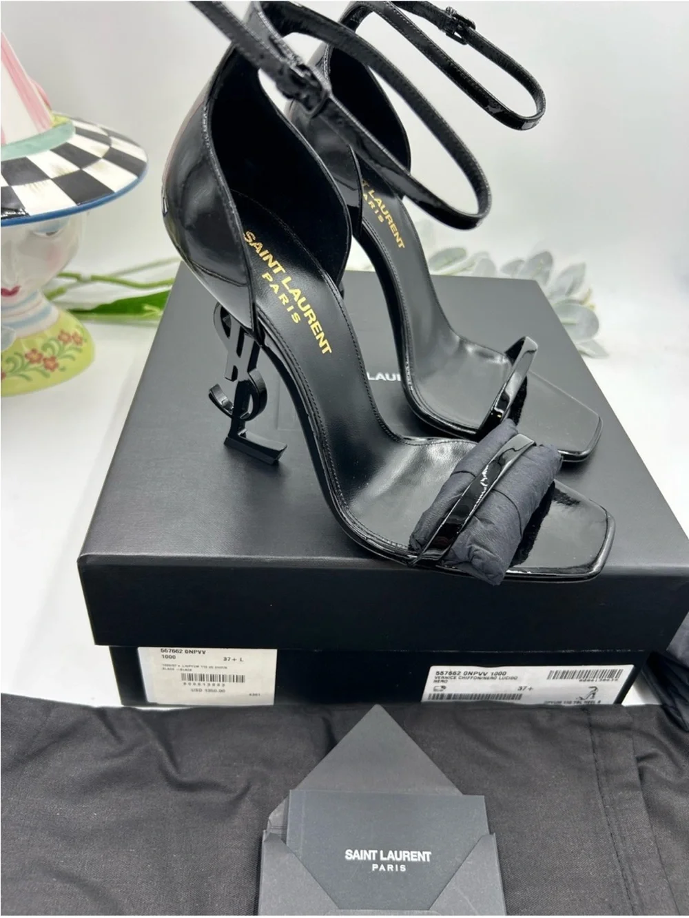 Saint Laurent YSL  Black Patent  Opyum Logo-Heel Ankle-Strap Sandals. Size 37.5